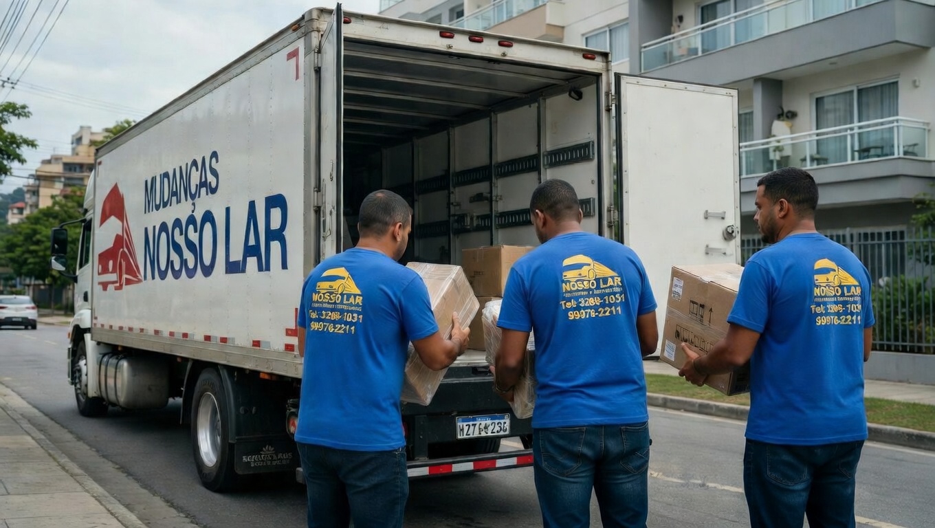 Caminhão da empresa Mudanças Nosso Lar realizando mudança comercial no Rio de Janeiro
