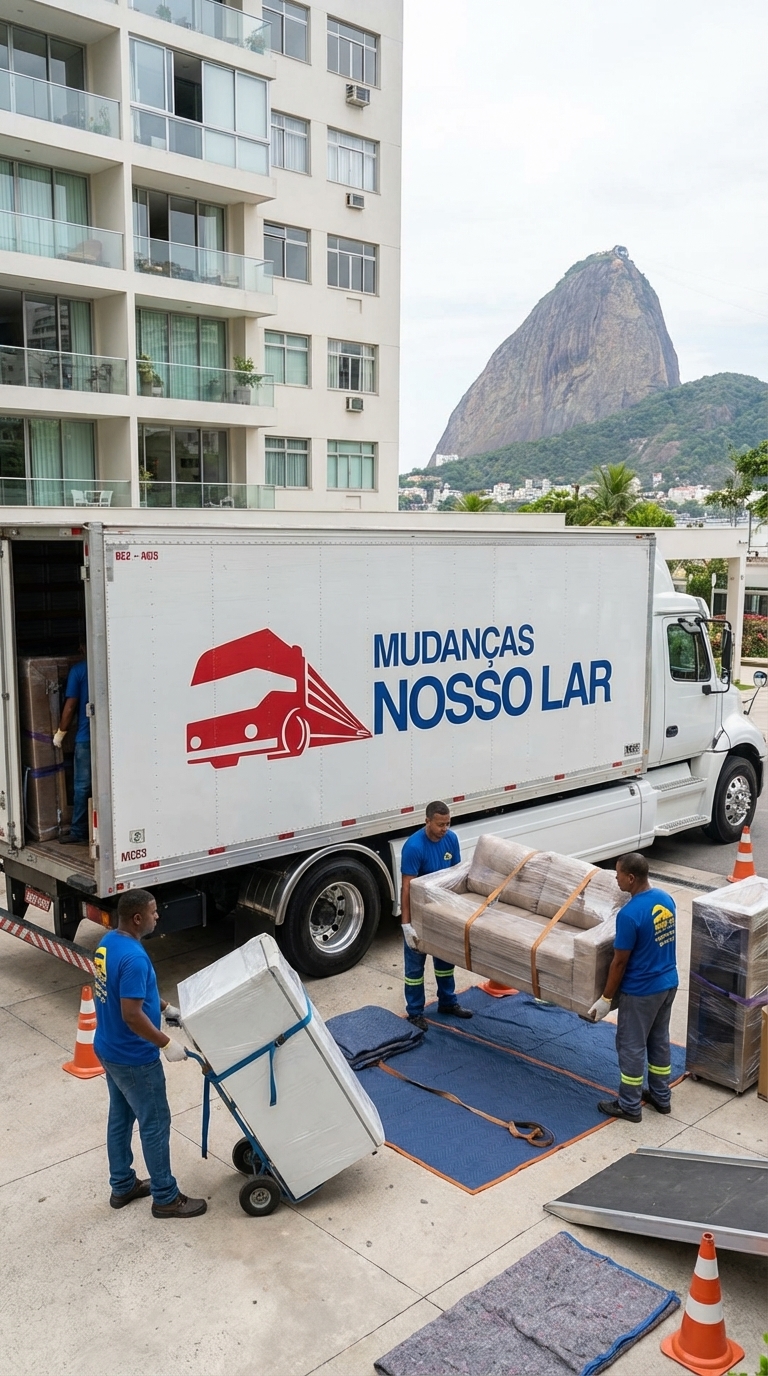 Caminhão da Mudanças Nosso Lar transportando móveis durante mudança no Rio de Janeiro